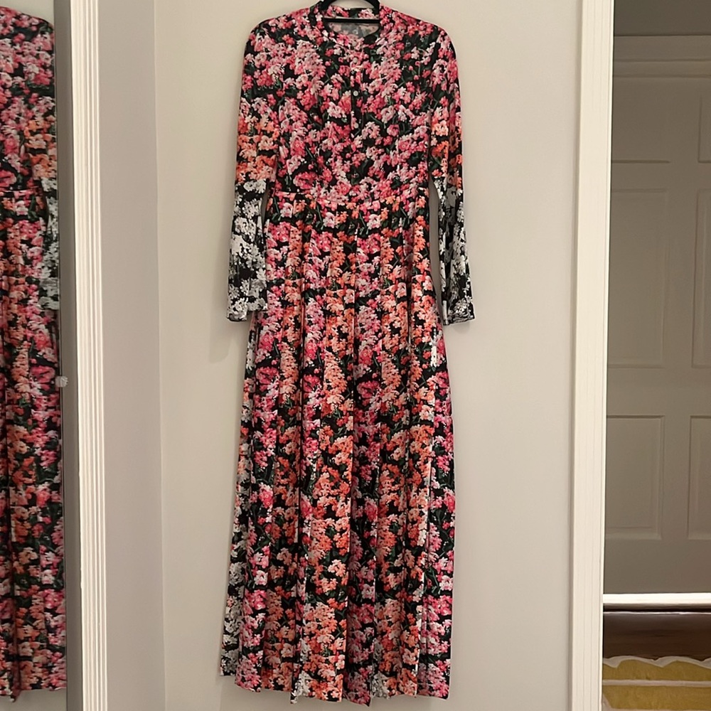 Mary Katrantzou Pleated Long-Sleeve Floral Gown. US 6.